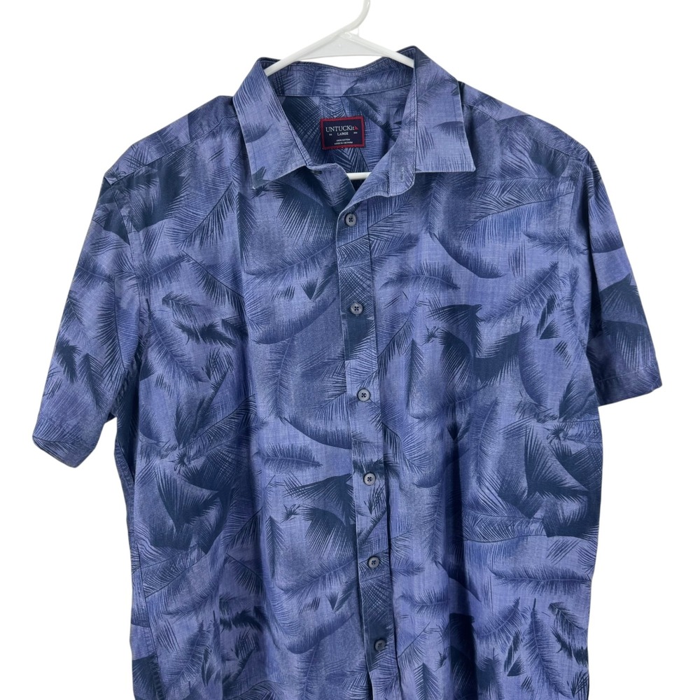UNTUCKit Mens Large Blue Palm Leaf Print Short Sleeve Cotton Button Down Shirt - Picture 2 of 8